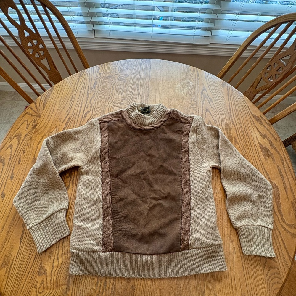LAST CALL MacFane Vintage Wool Sweater Leather Inset Mens M Grandpa Kurt Cobain